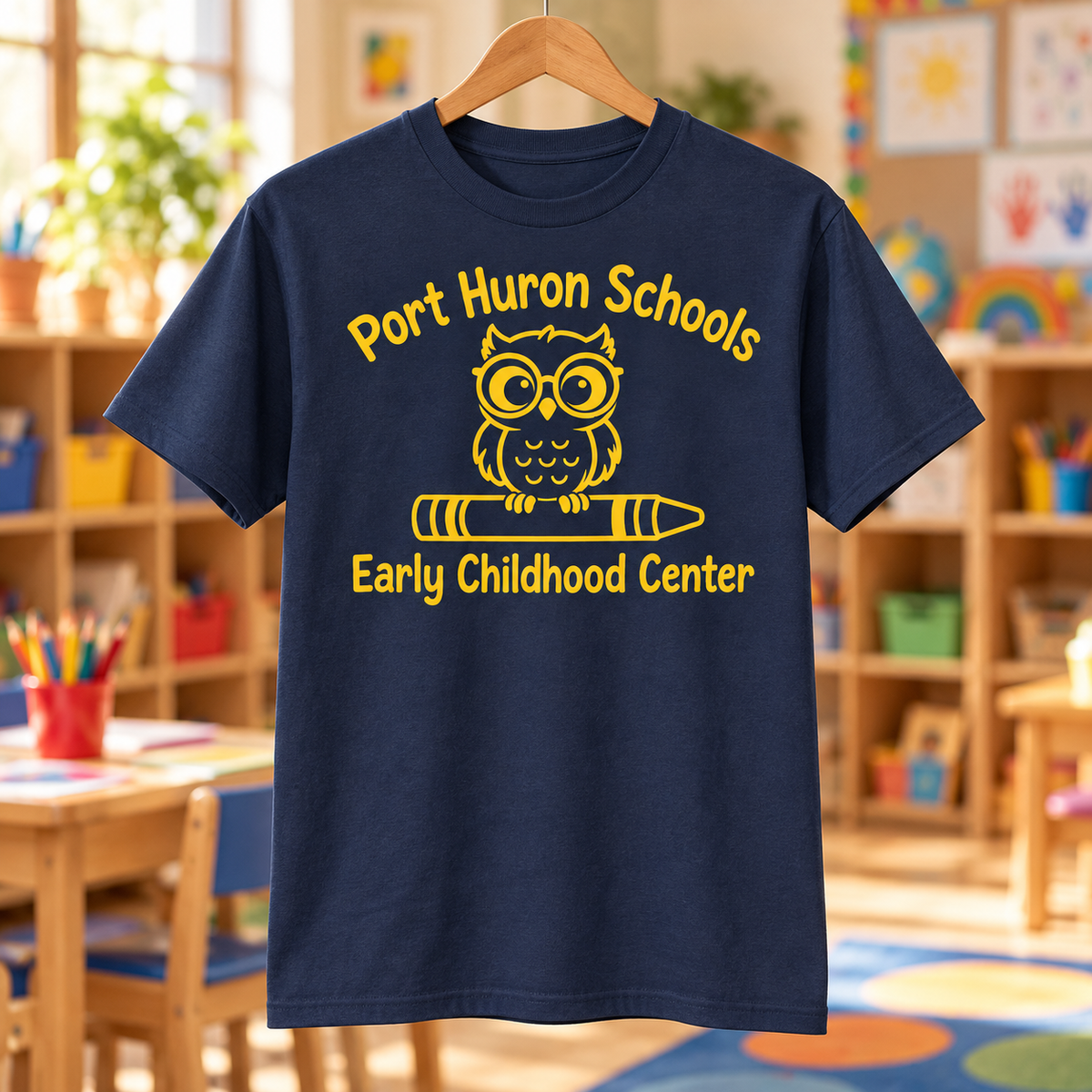 Early Childhood Center PC55 yellow navy school background apparel mockup