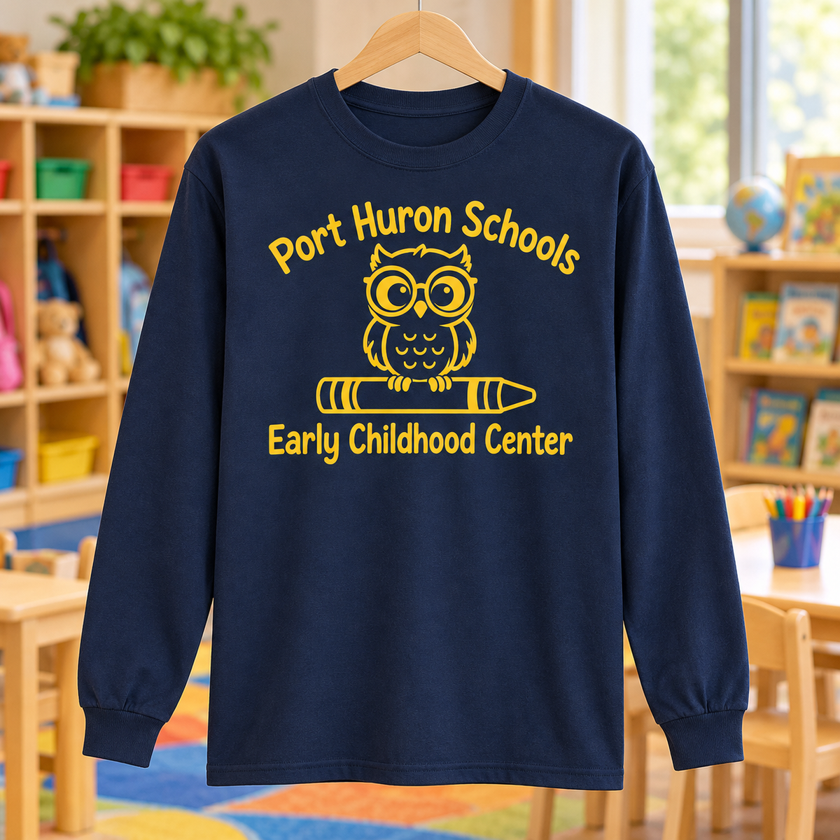 Early Childhood Center yellow logo navy PC55LS long sleeve shirt in a classroom