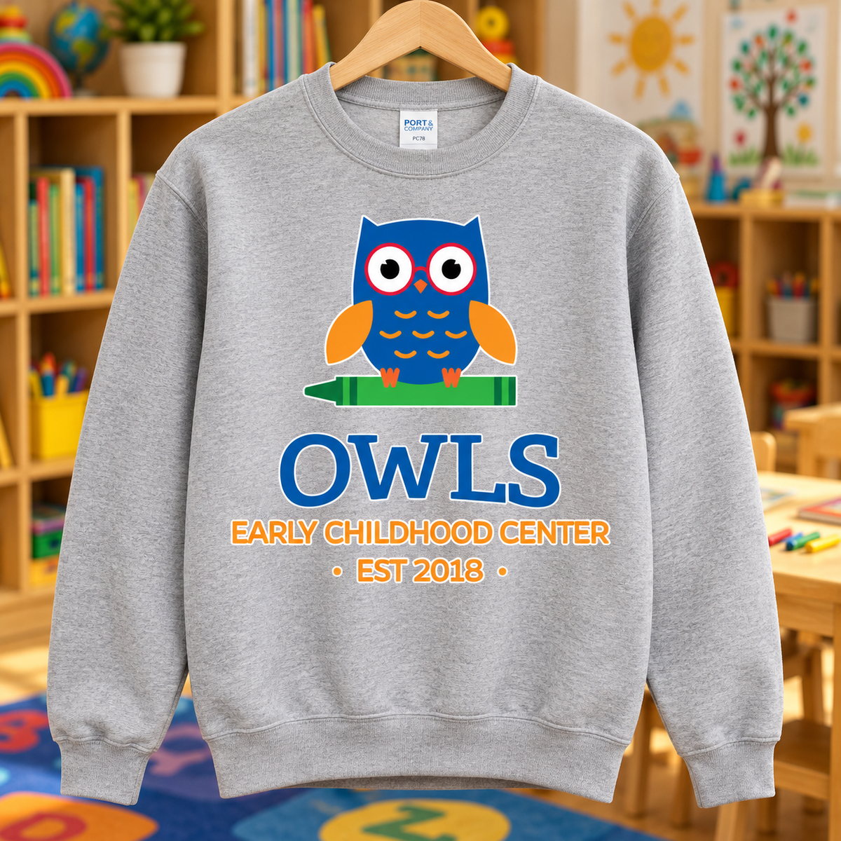 Athletic Heather | Full-Color OWLS | PC78 crewneck front in classroom