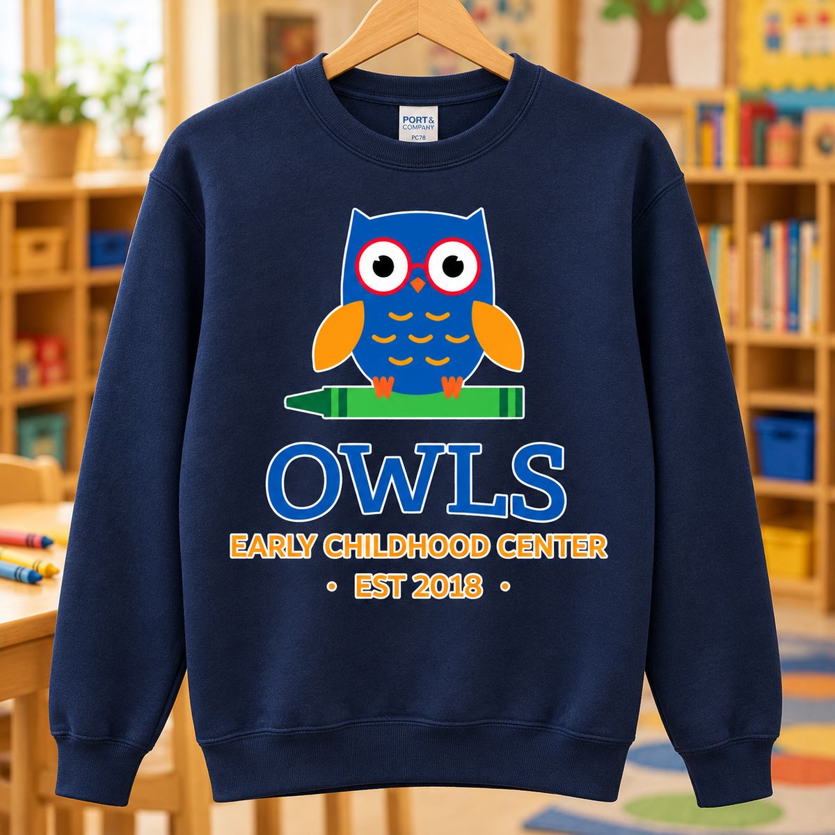 Navy | Full-Color OWLS | PC78 crewneck front in classroom