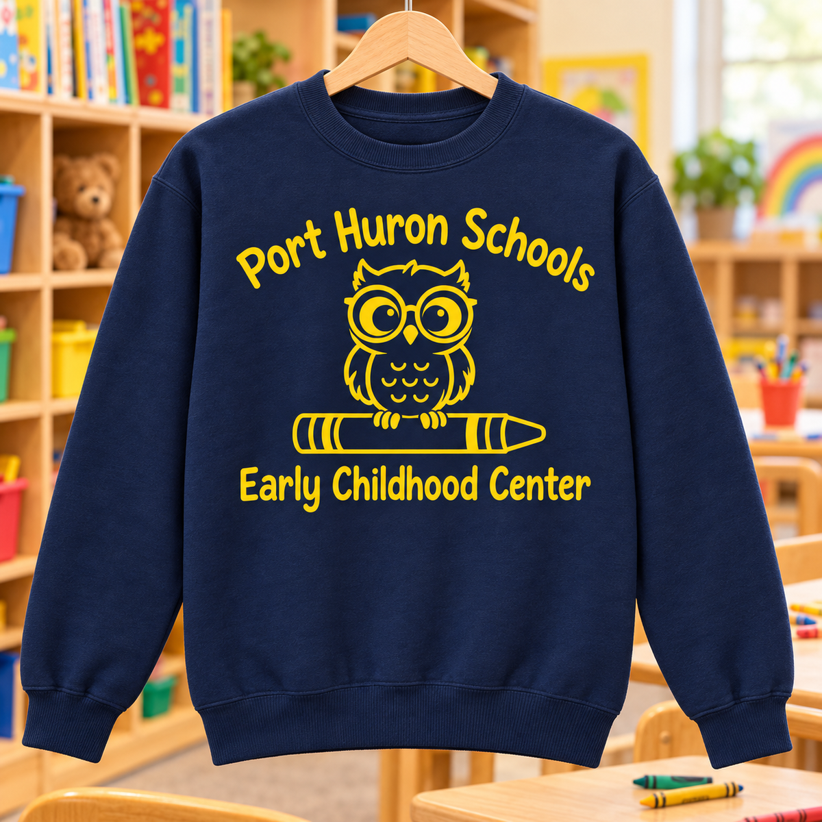 Navy | Yellow School Owl | PC78 crewneck front in classroom