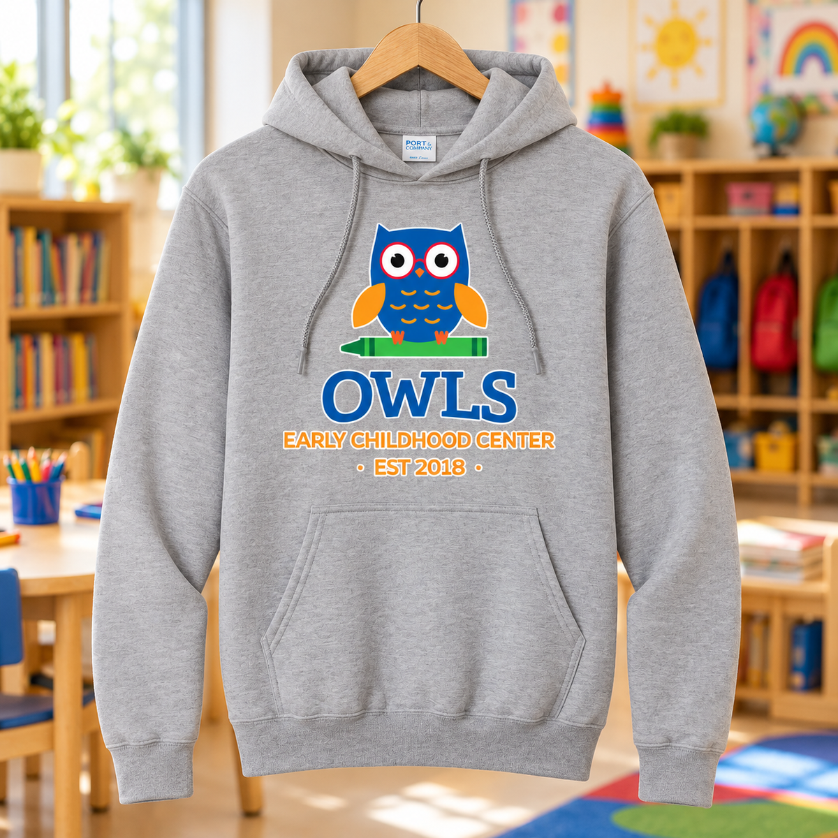 Athletic Heather | Full-Color OWLS | Printed PC78H hoodie front in classroom