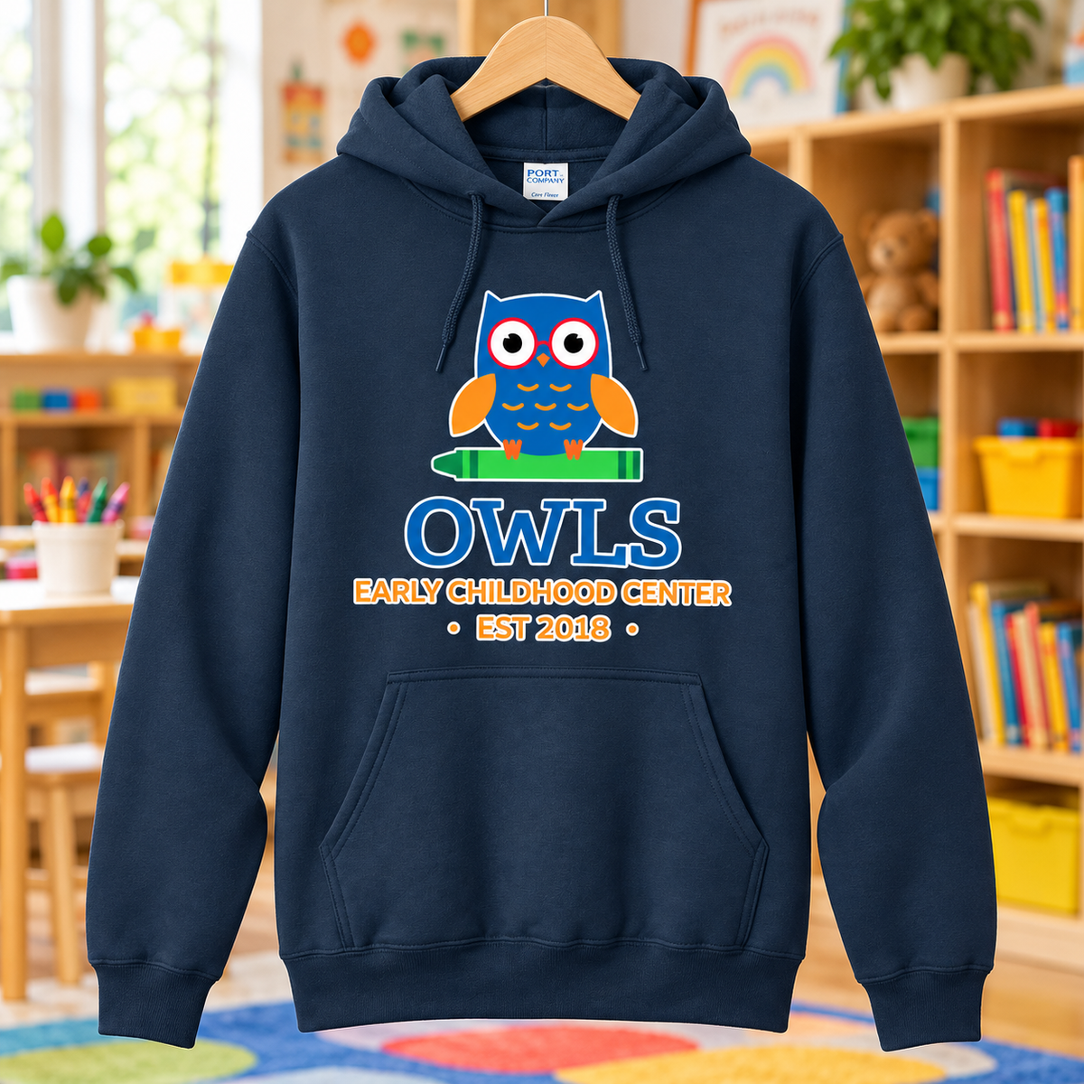 Navy | Full-Color OWLS | Printed PC78H hoodie front in classroom