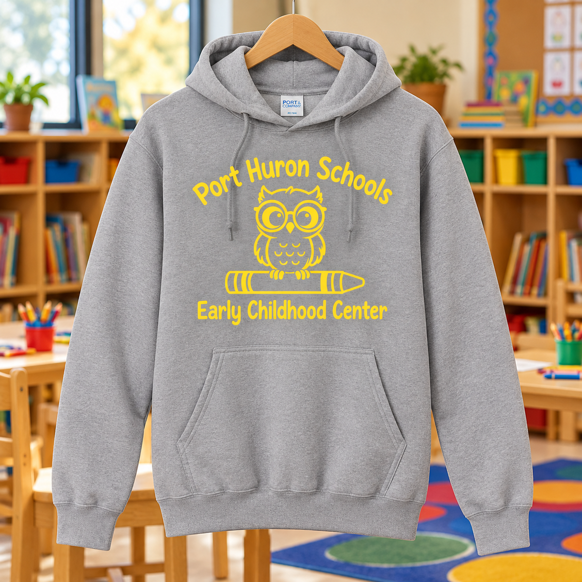 Athletic Heather | Yellow School Owl | Printed PC78H hoodie front in classroom
