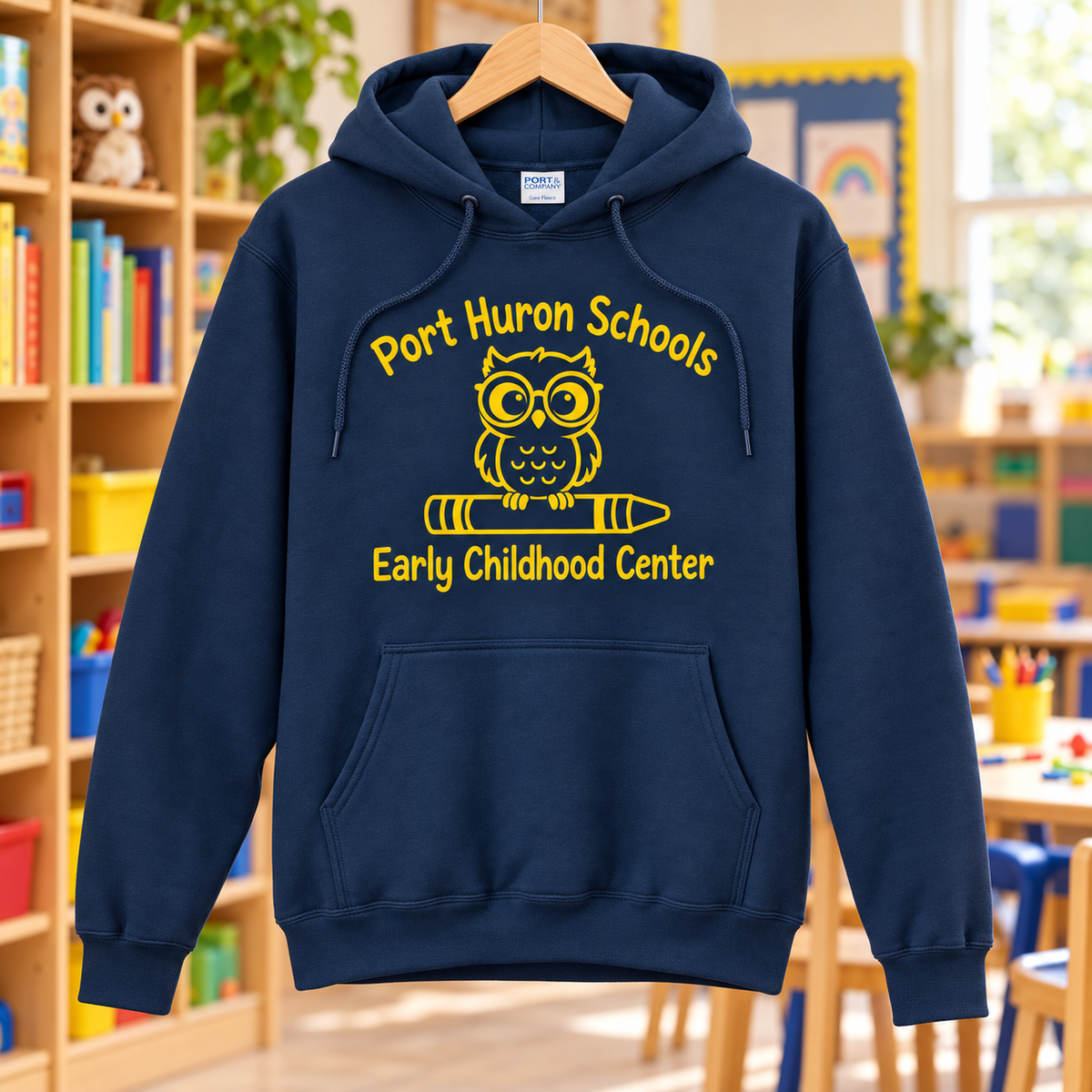Navy | Yellow School Owl | Printed PC78H hoodie front in classroom