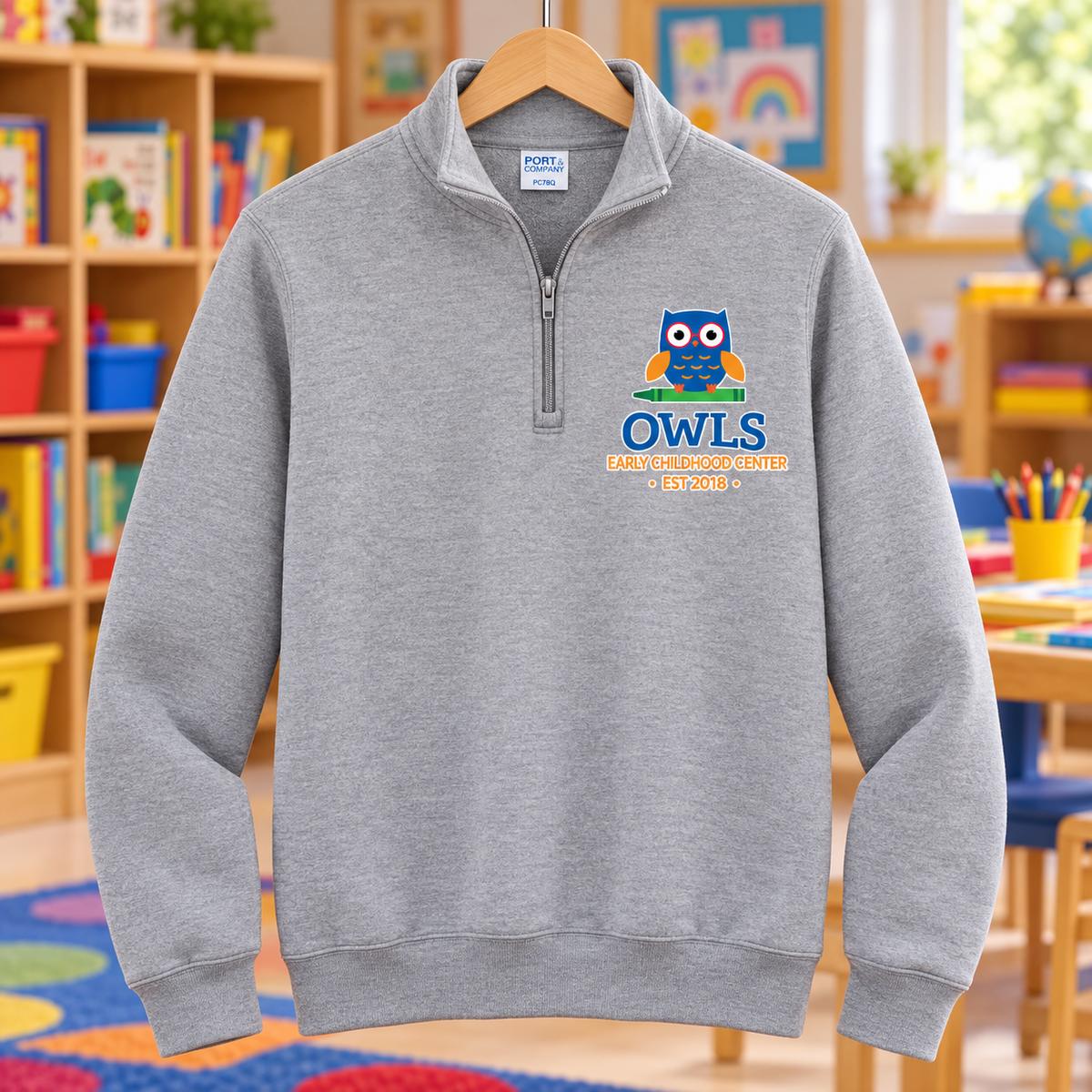 Early Childhood Center PC78Q owls heather school background apparel mockup
