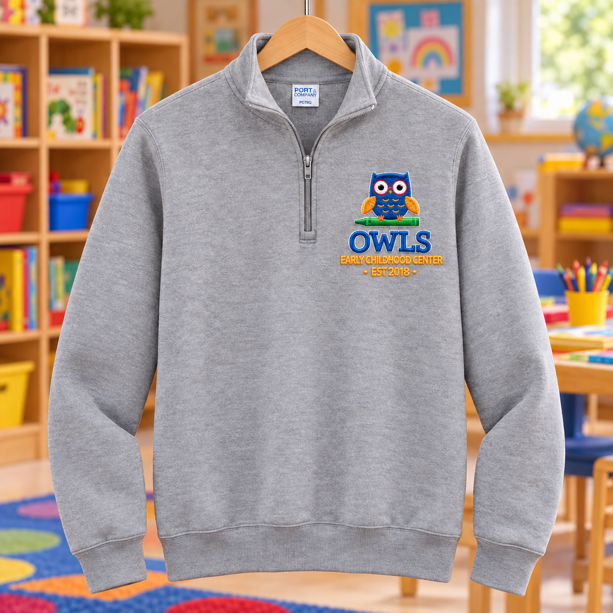 Early Childhood Center PC78Q owls heather embroidered school background apparel mockup
