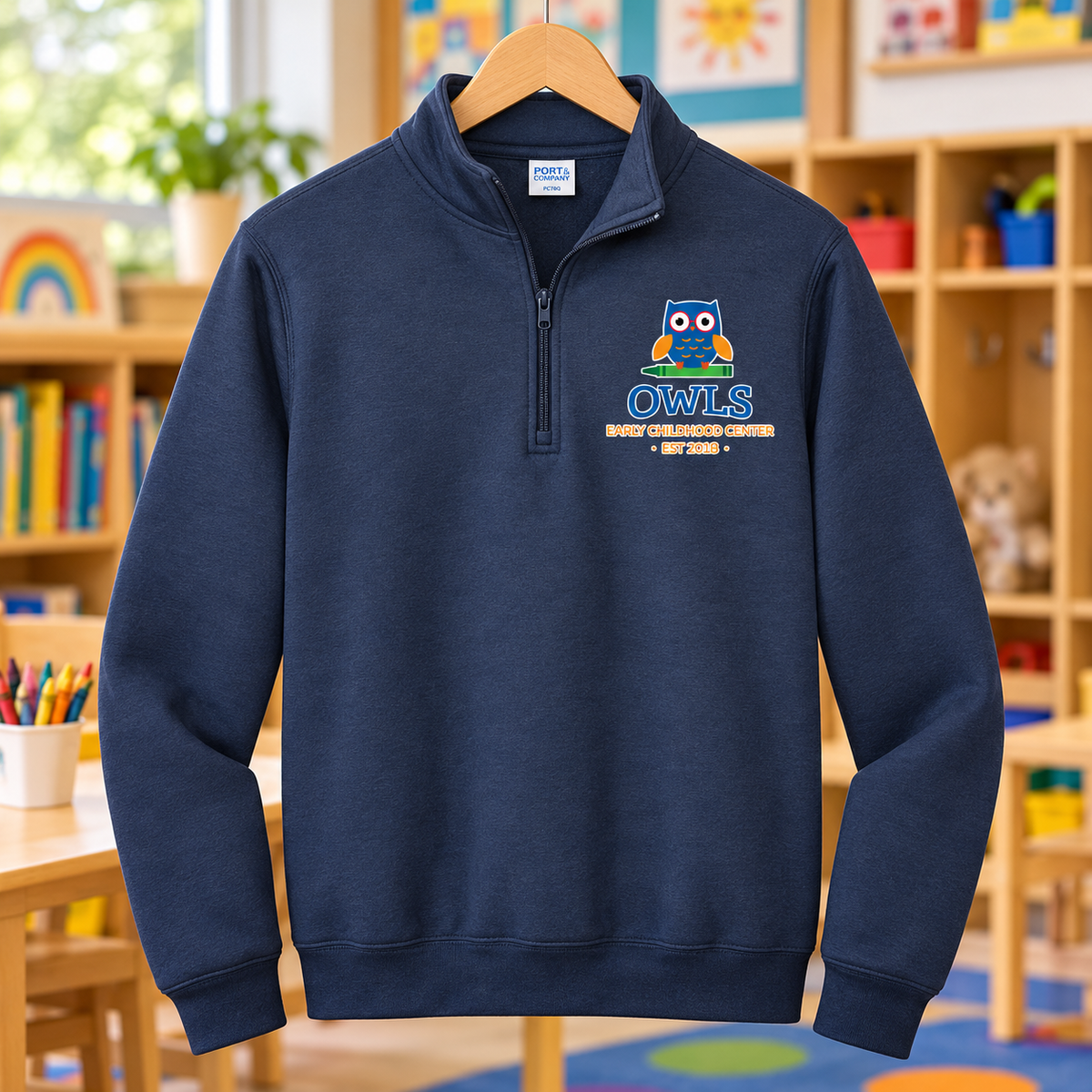 Early Childhood Center PC78Q owls navy school background apparel mockup