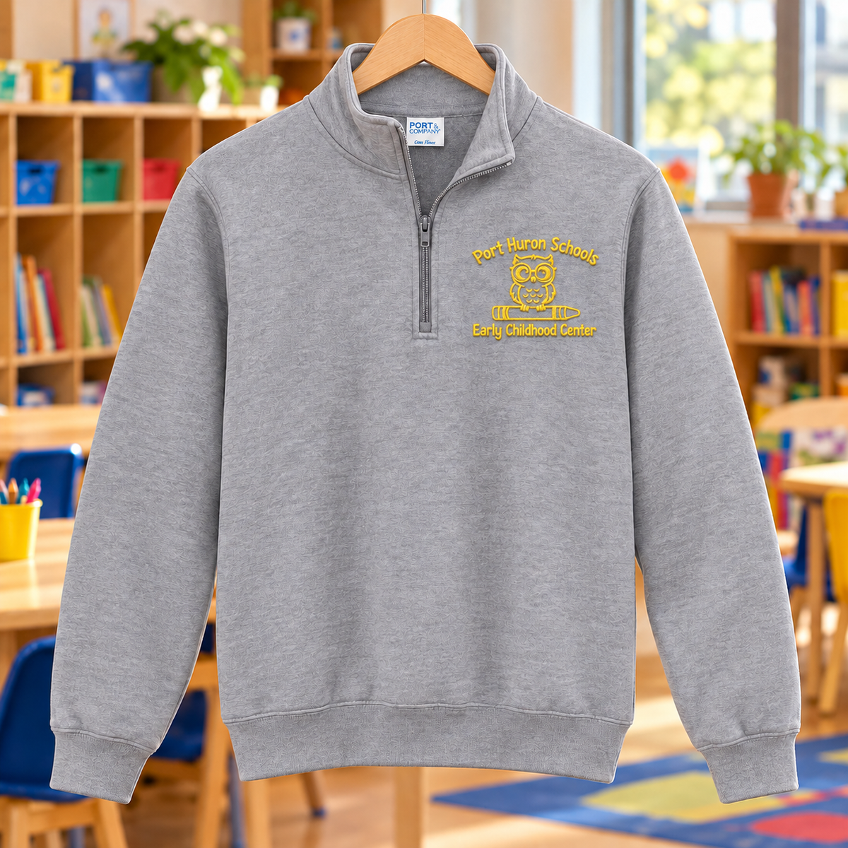 Early Childhood Center PC78Q yellow heather embroidered school background apparel mockup