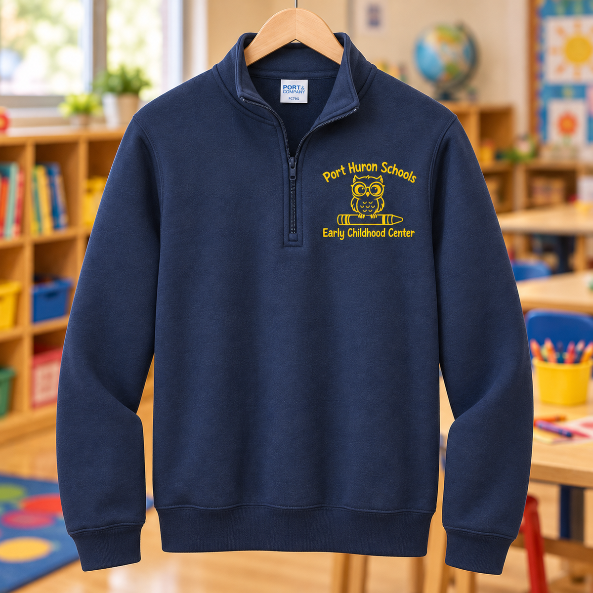 Early Childhood Center PC78Q yellow navy school background apparel mockup