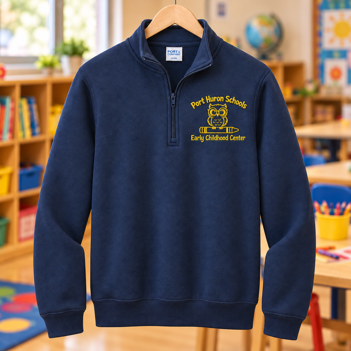 Early Childhood Center PC78Q yellow navy embroidered school background apparel mockup