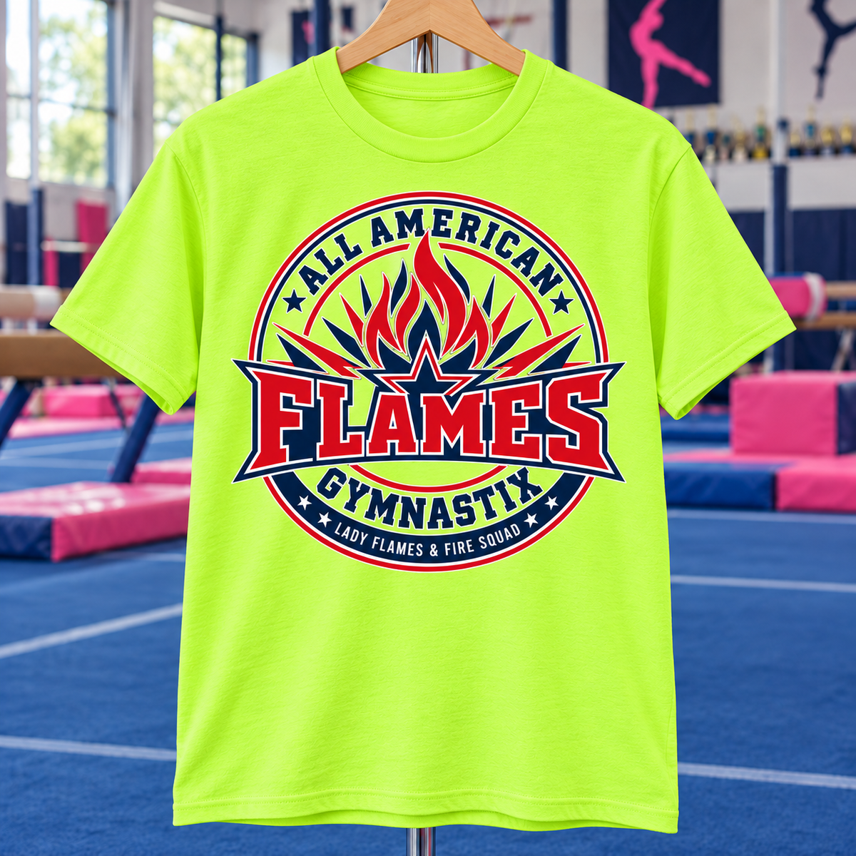 PC55Y | Safety Green | Flame Crest | All American Flames Gymnastix