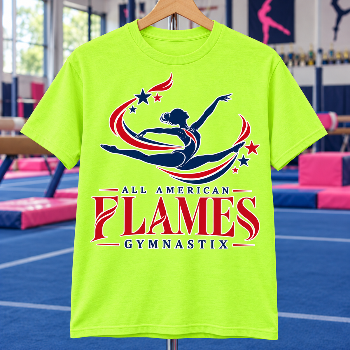 PC55Y | Safety Green | Stars in Motion | All American Flames Gymnastix
