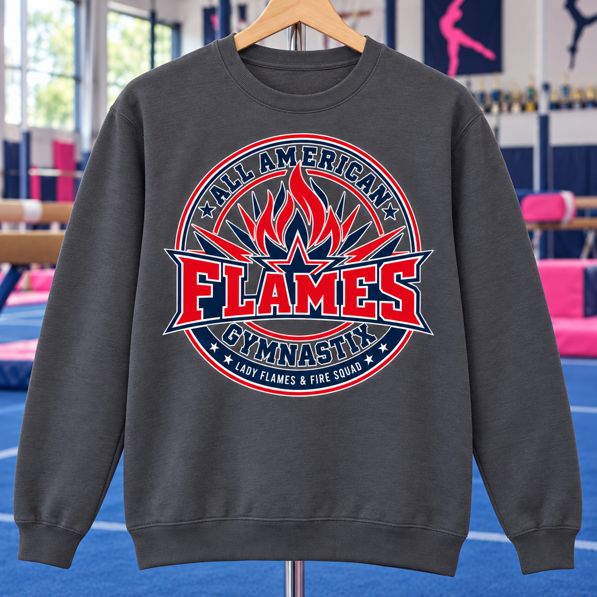 PC78 | Charcoal | Flame Crest | All American Flames Gymnastix