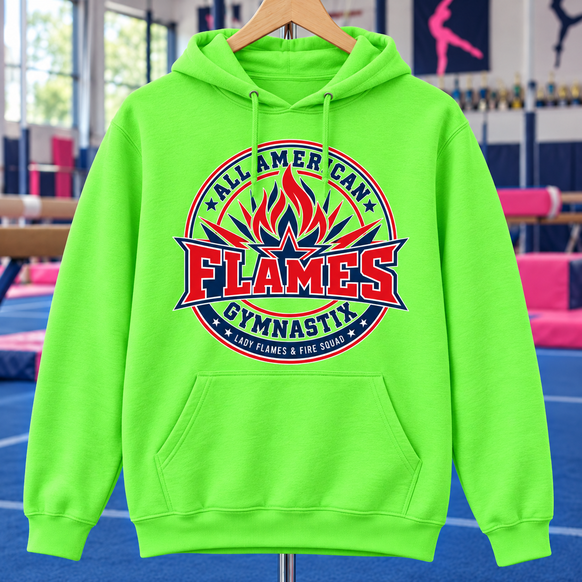 PC78H | Neon Green | Flame Crest | All American Flames Gymnastix