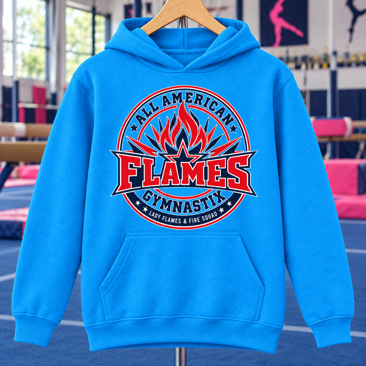 PC78YH | Neon Blue | Flame Crest | All American Flames Gymnastix