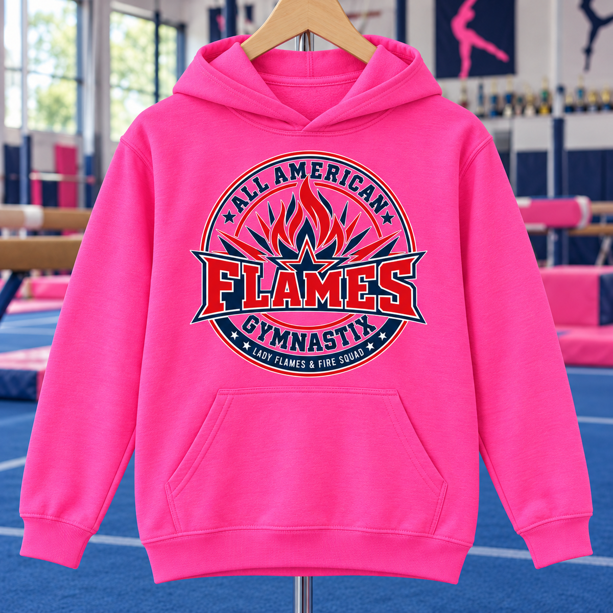 PC78YH | Neon Pink | Flame Crest | All American Flames Gymnastix