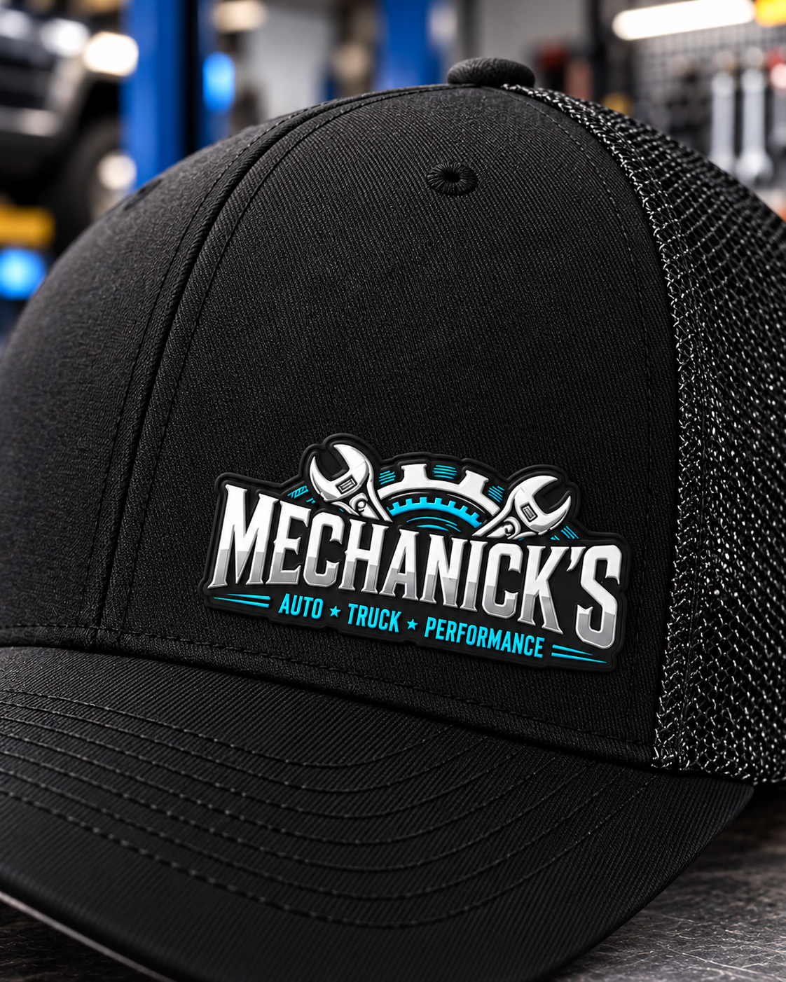 MechaNick’s cap light black detail with Ace Signature UV patch in automotive workshop