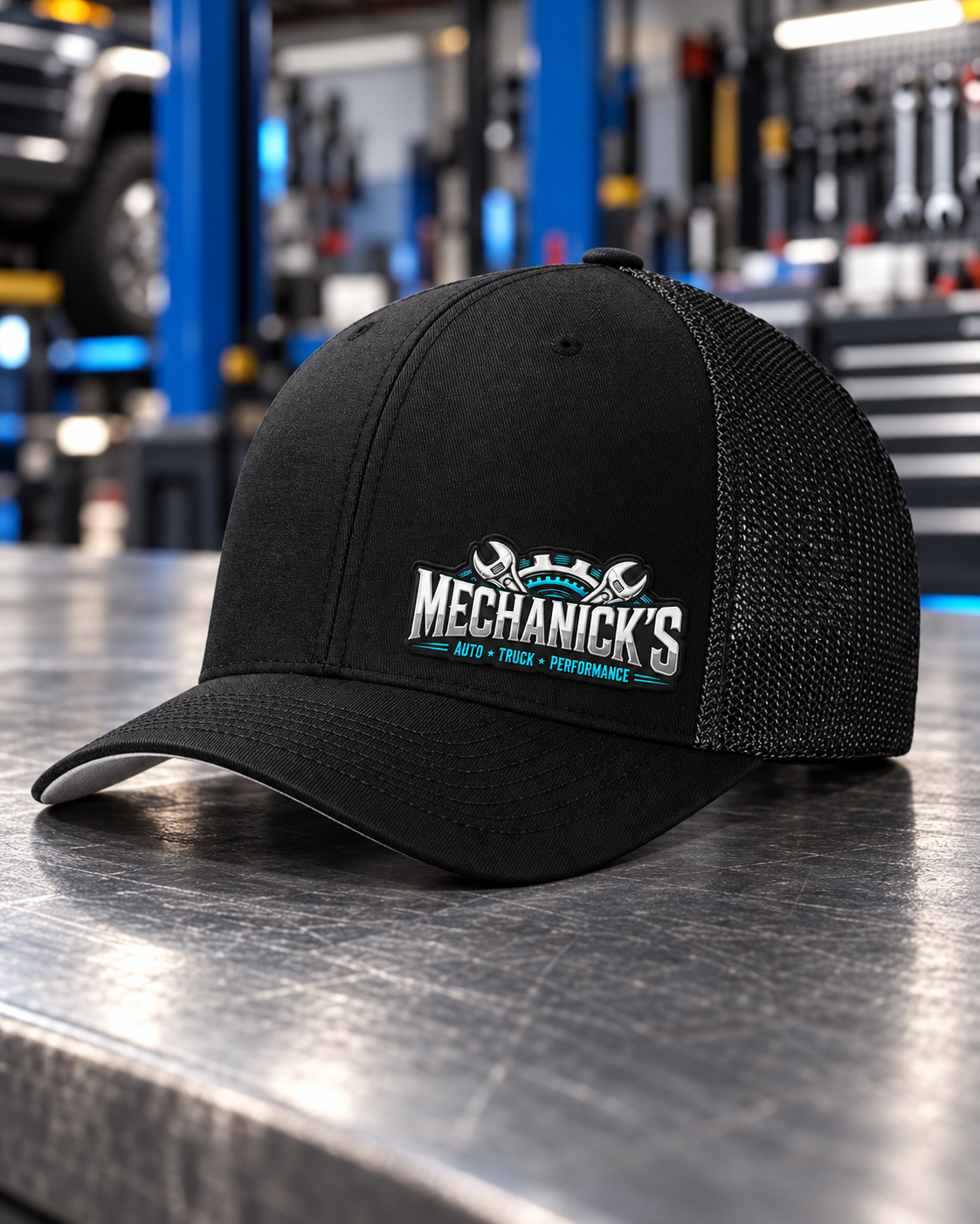MechaNick’s cap light black front with Ace Signature UV patch in automotive workshop