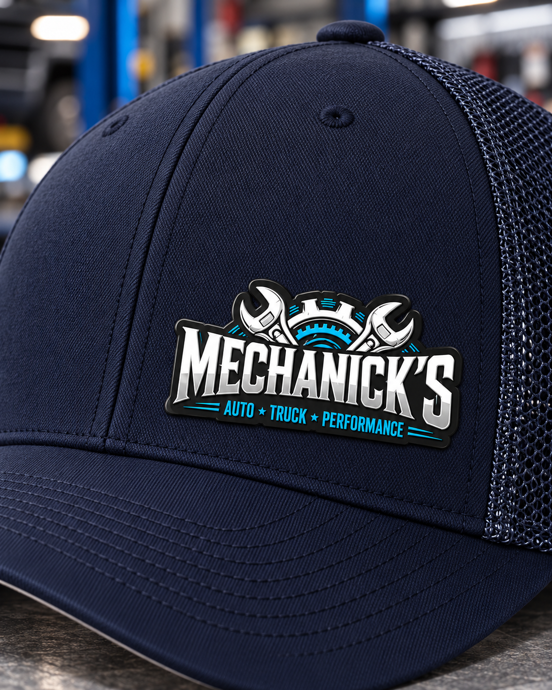 MechaNick’s cap light navy detail with Ace Signature UV patch in automotive workshop
