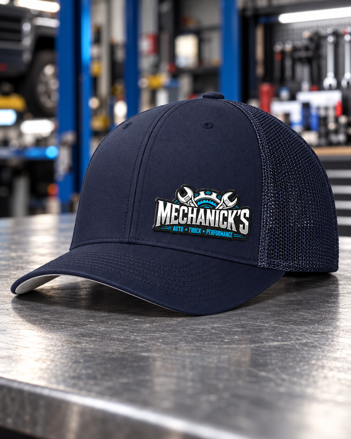 MechaNick’s cap light navy front with Ace Signature UV patch in automotive workshop