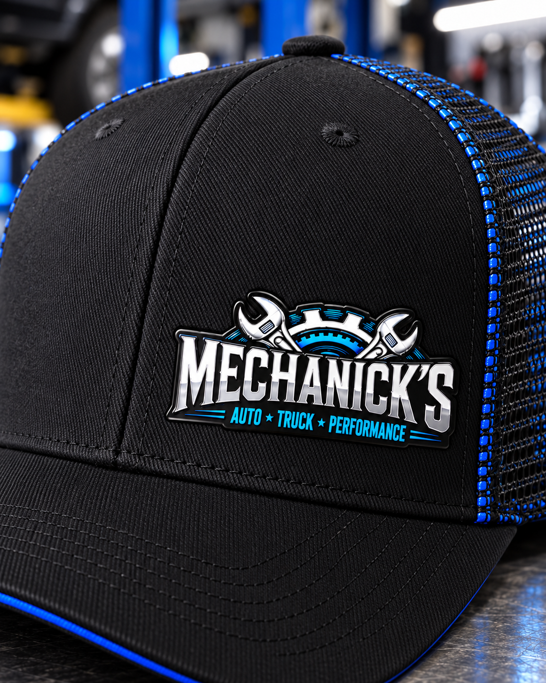 MechaNick’s cap shop blue detail with Ace Signature UV patch in automotive workshop