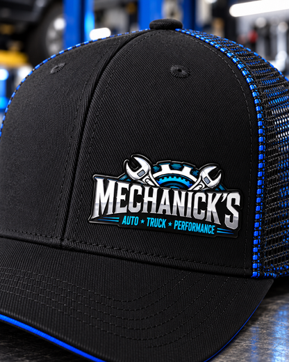 MechaNick’s cap shop blue detail with Ace Signature UV patch in automotive workshop