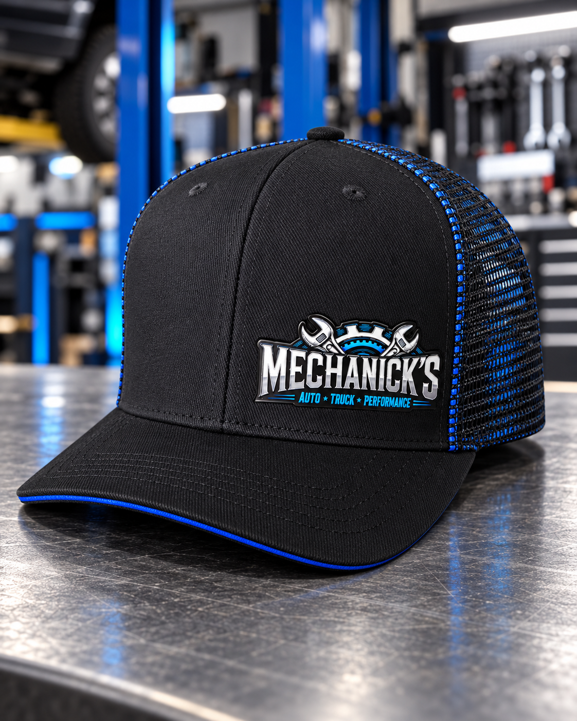 MechaNick’s cap shop blue front with Ace Signature UV patch in automotive workshop