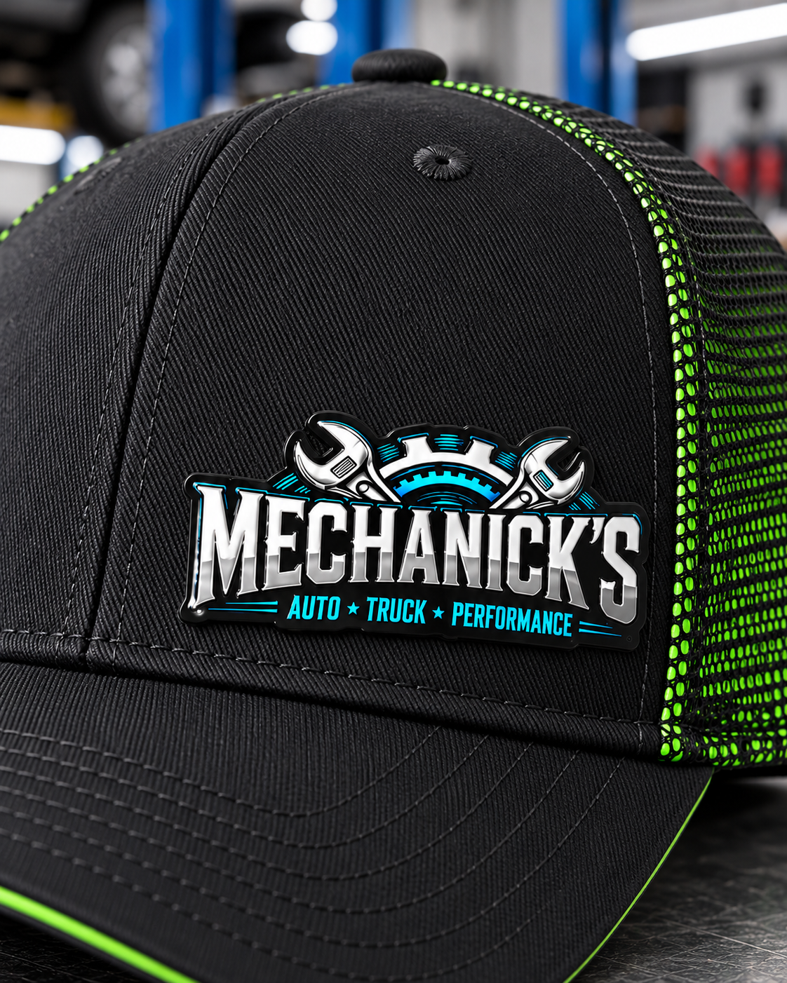 MechaNick’s cap shop green detail with Ace Signature UV patch in automotive workshop