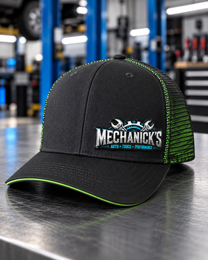 MechaNick’s cap shop green front with Ace Signature UV patch in automotive workshop
