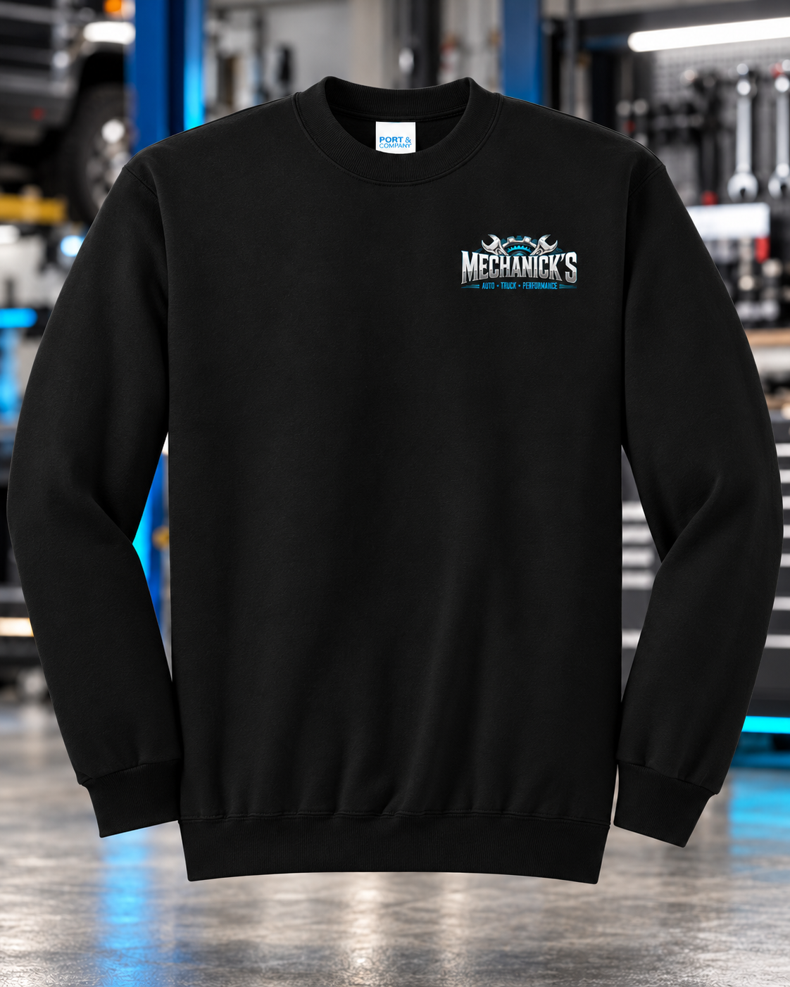 MechaNick’s crew black front with updated artwork in automotive workshop