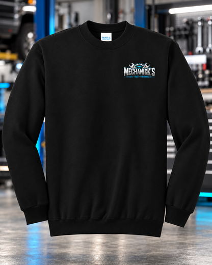 MechaNick’s crew black front with updated artwork in automotive workshop