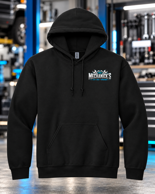 MechaNick’s hoodie black front with updated artwork in automotive workshop