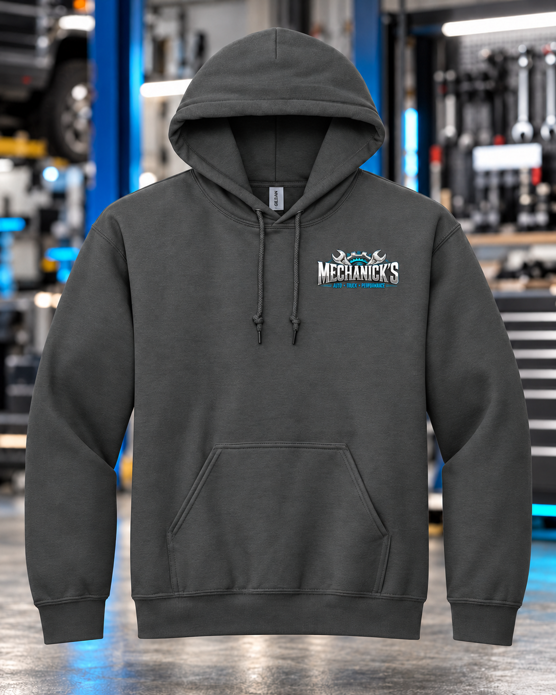 MechaNick’s hoodie charcoal front with updated artwork in automotive workshop