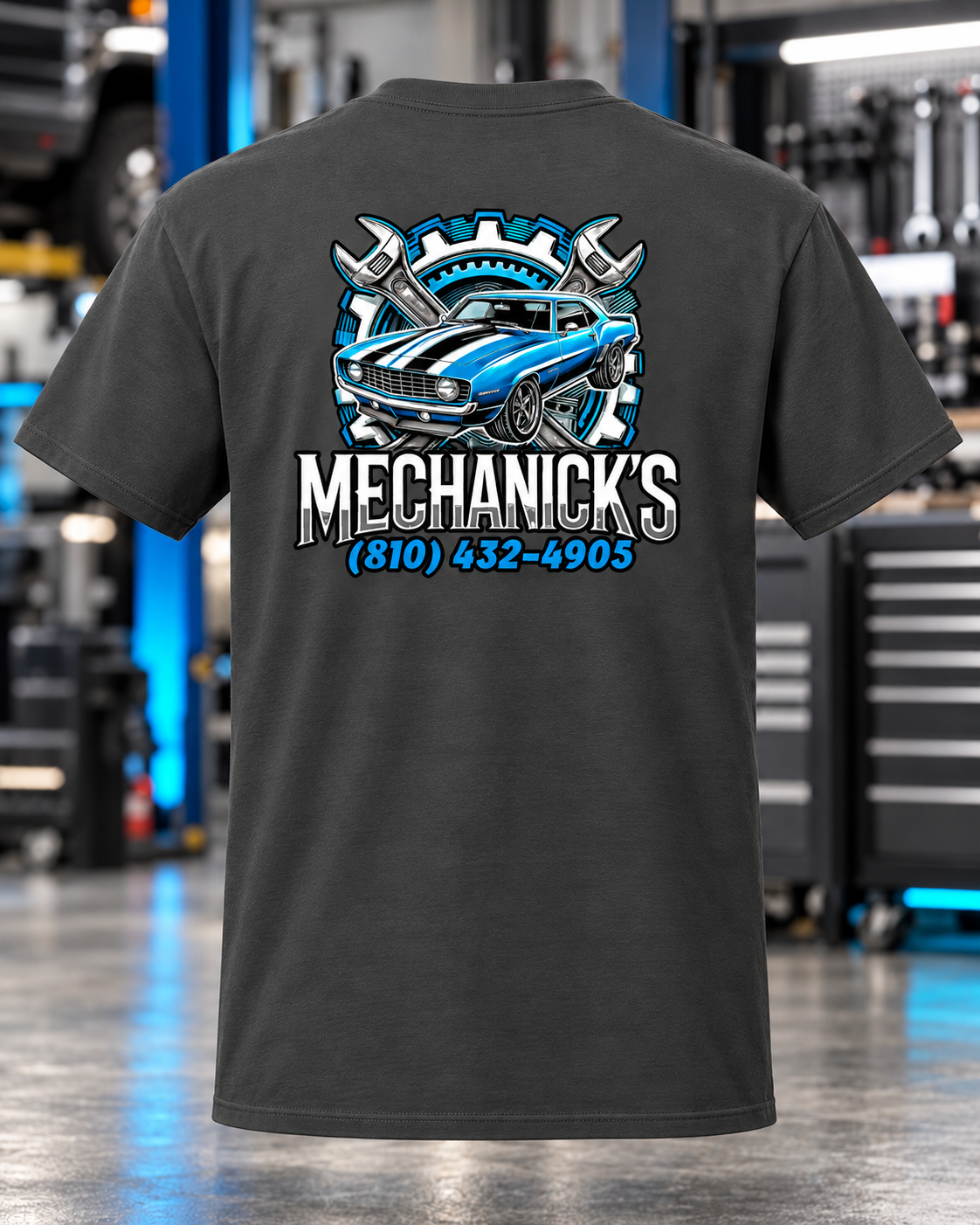 MechaNick’s tee charcoal back with updated artwork in automotive workshop