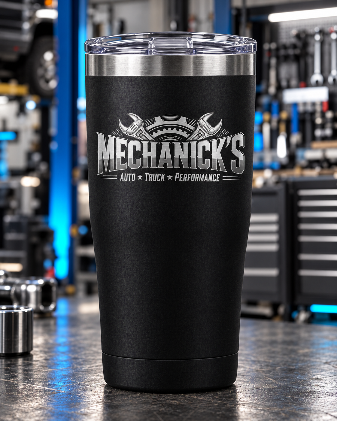 MechaNick’s tumbler black new crest product mockup