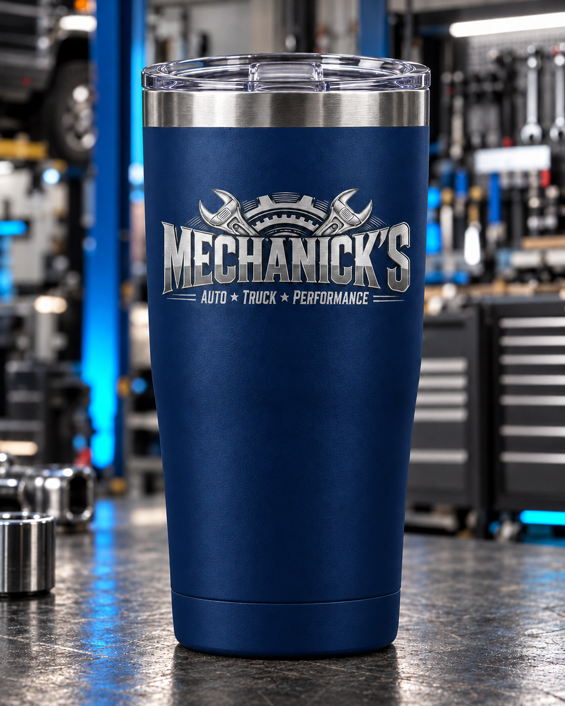 MechaNick’s tumbler navy v2 new crest product mockup