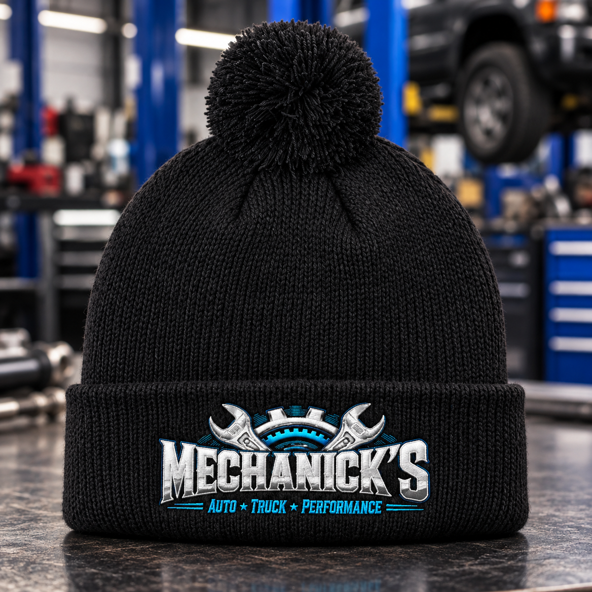 MechaNick’s Deep Black pom beanie with embroidered new crest