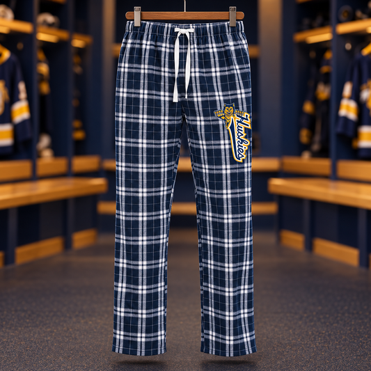 Northern Hockey · Flannel Lounge Pants — Huskies leg print — Navy/wht digital mockup