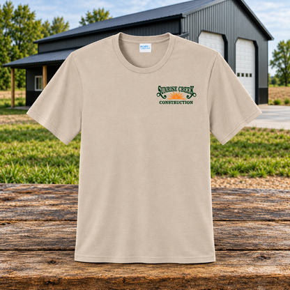 Sunrise Creek — PC43 — Light Sand — Front — barn and timber mockup