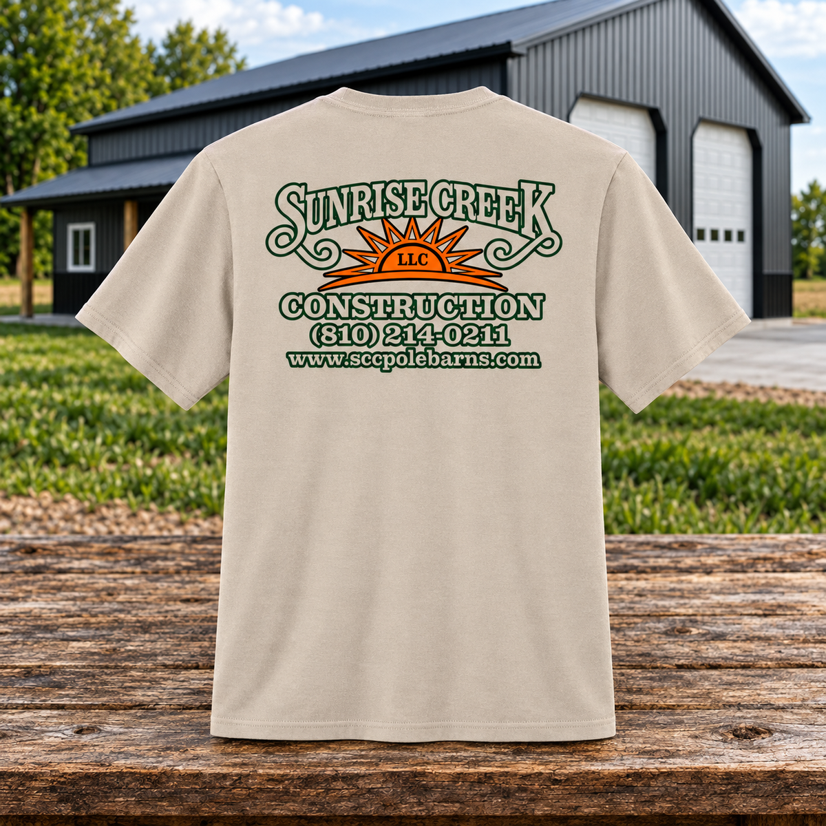 Sunrise Creek — PC43 — Light Sand — Back — barn and timber mockup