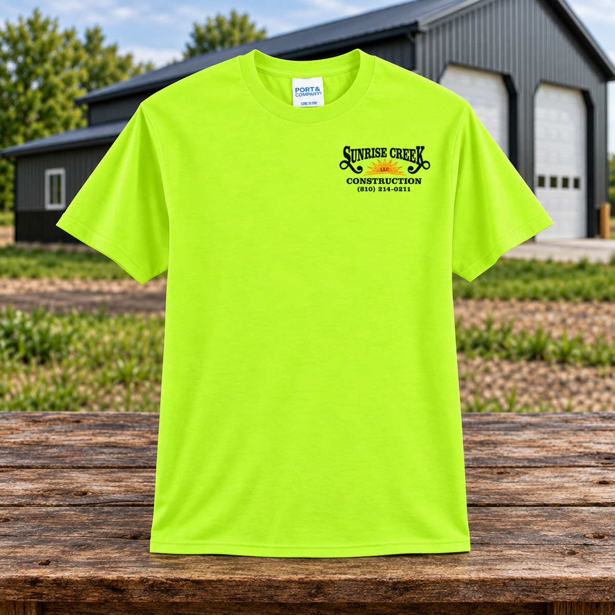Sunrise Creek — PC43 — Safety Green — Front — barn and timber mockup