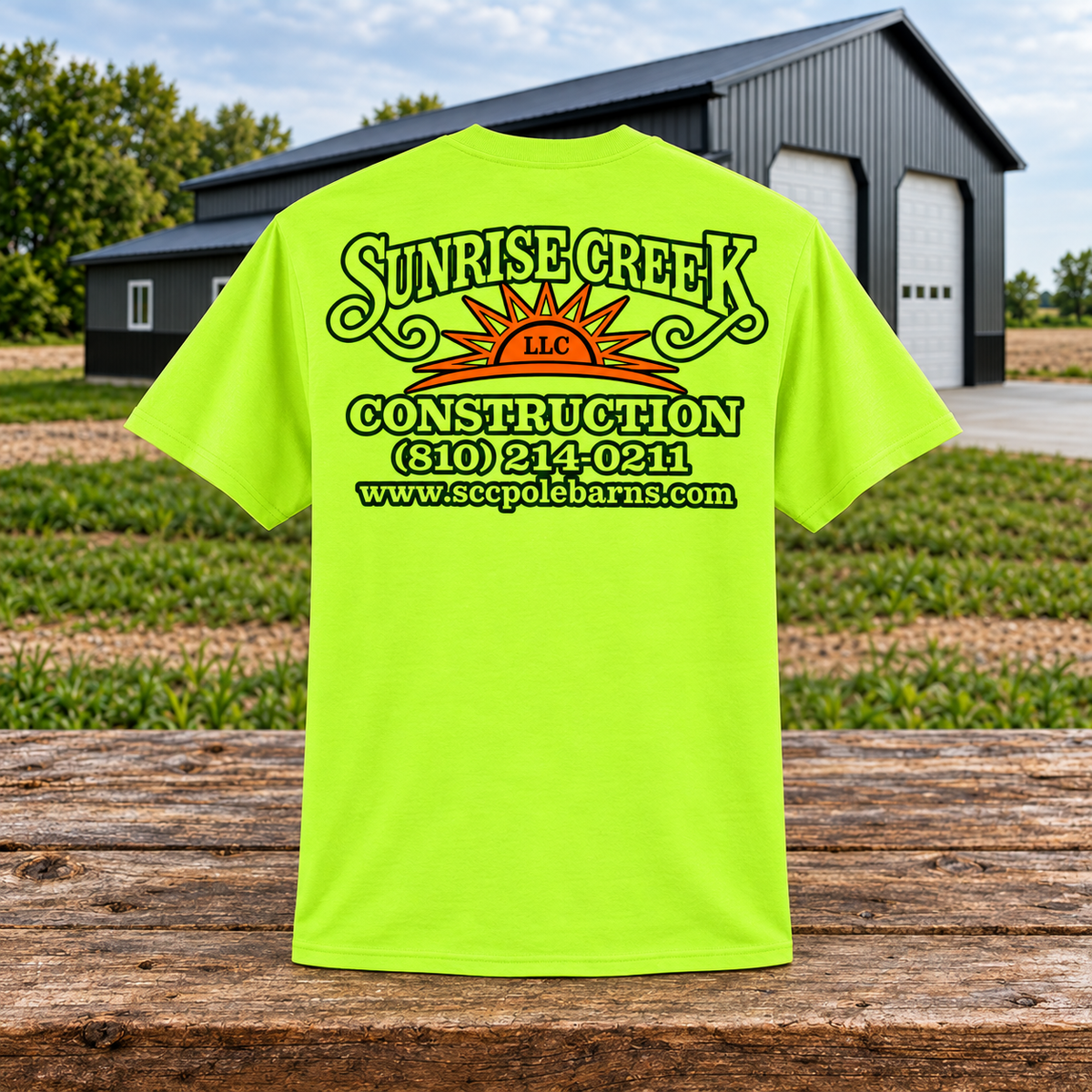 Sunrise Creek — PC43 — Safety Green — Back — barn and timber mockup