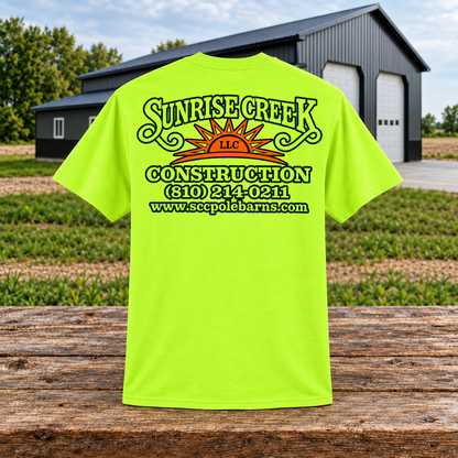 Sunrise Creek — PC43 — Safety Green — Back — barn and timber mockup