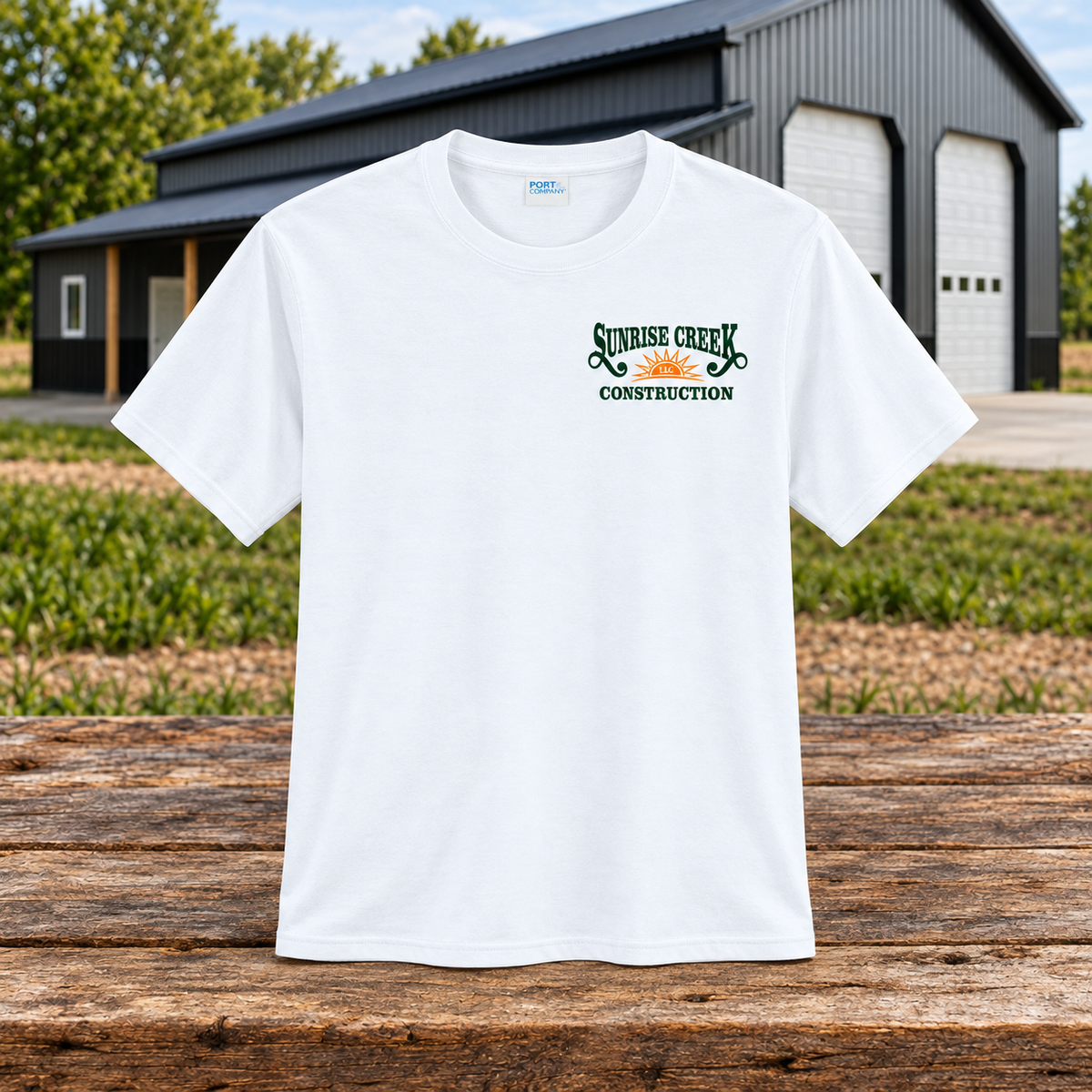Sunrise Creek — PC43 — White — Front — barn and timber mockup