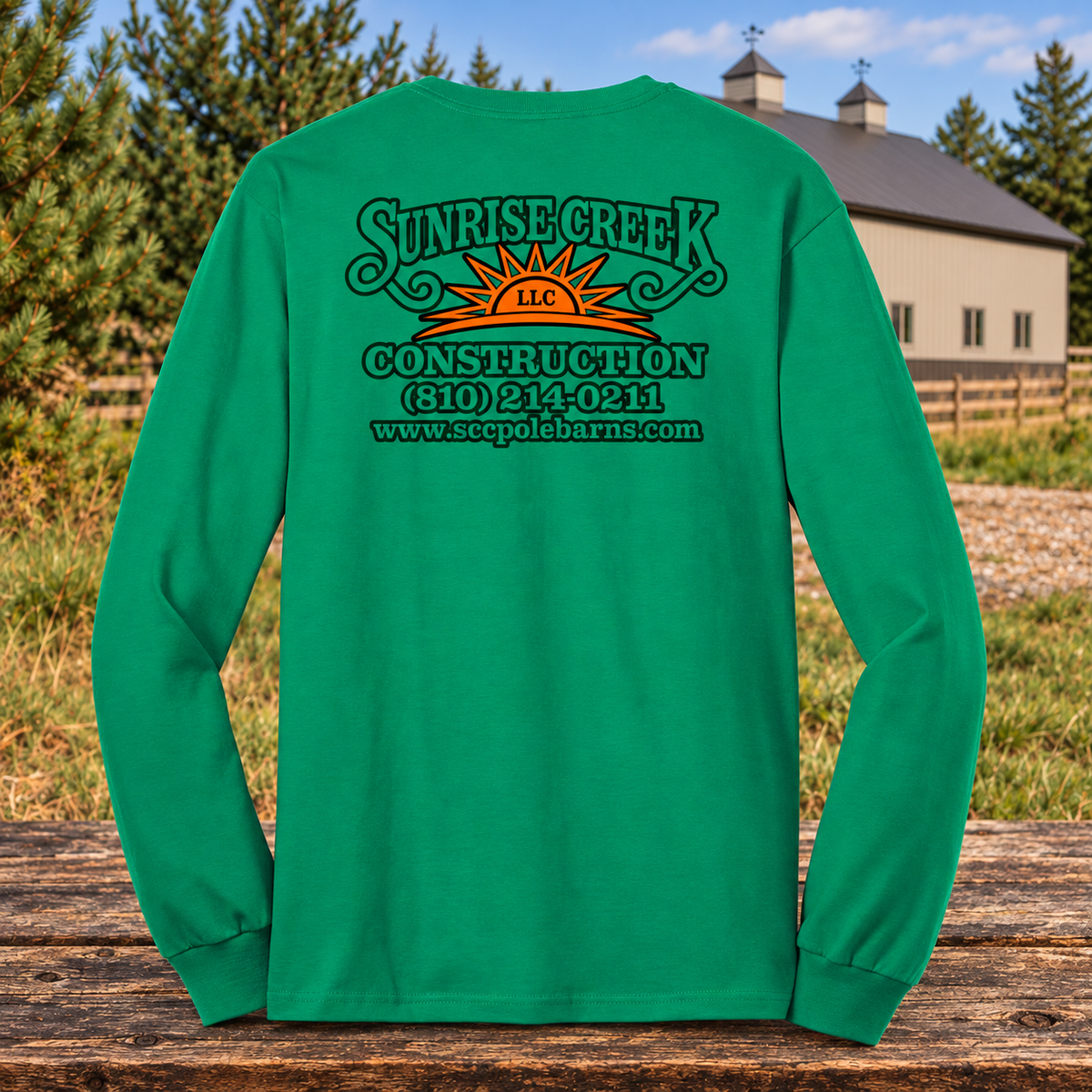Sunrise Creek — PC55LS — Kelly — Back — barn and timber mockup