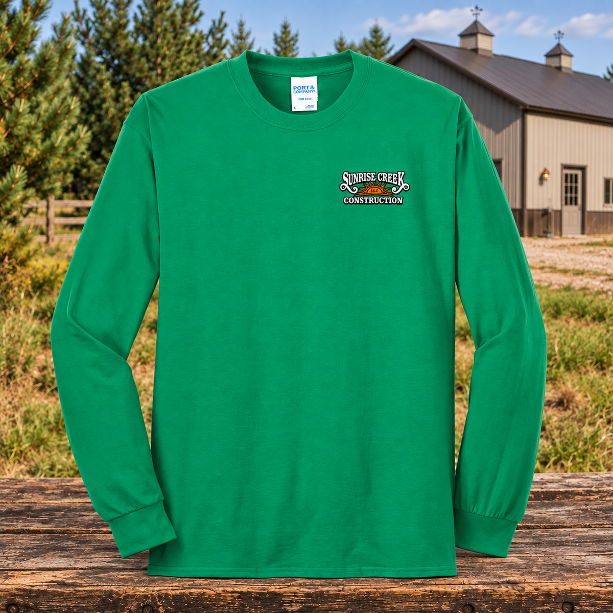 Sunrise Creek — PC55LS — Kelly — Front — barn and timber mockup