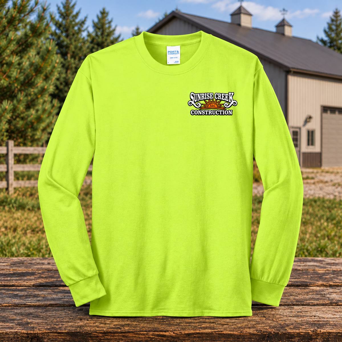 Sunrise Creek — PC55LS — Safety Green — Front — barn and timber mockup