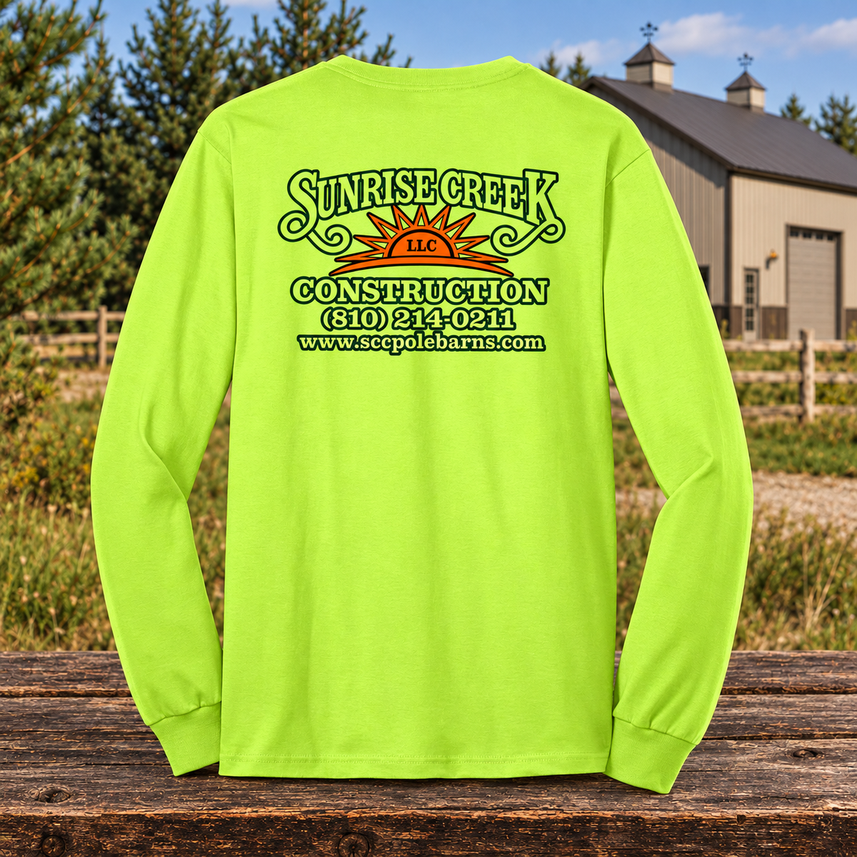 Sunrise Creek — PC55LS — Safety Green — Back — barn and timber mockup