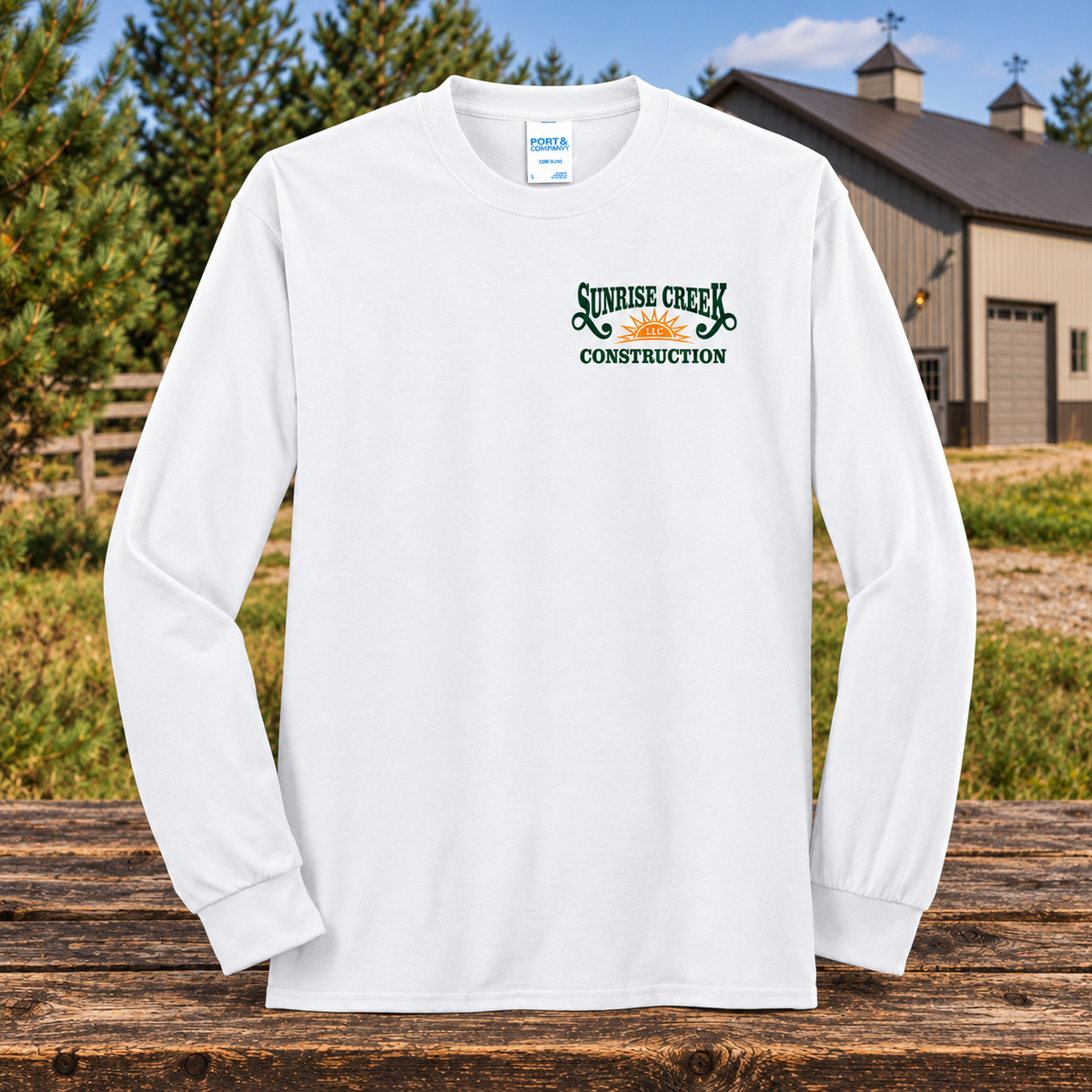 Sunrise Creek — PC55LS — White — Front — barn and timber mockup